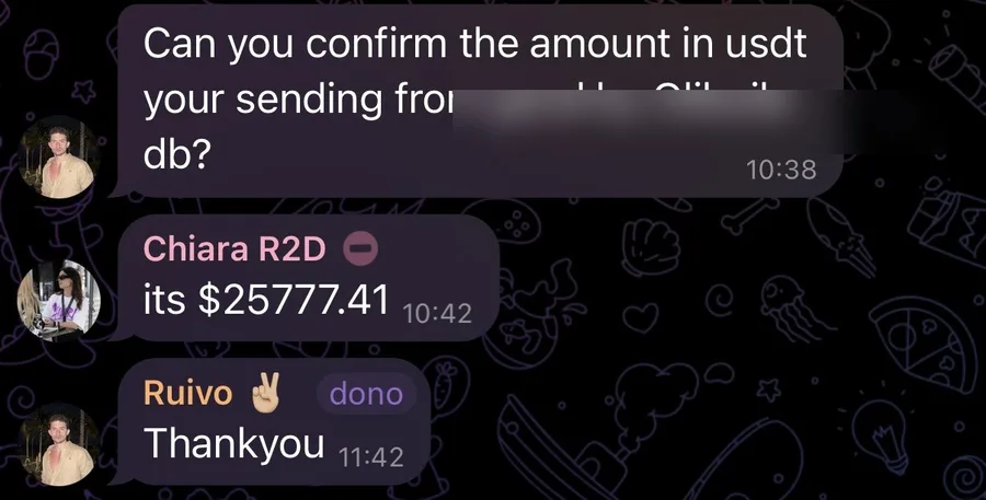 Mensagem de confirmação de pagamento em USDT